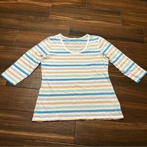 L. L. Bean Women’s Three Quarter 3/4 Sleeve Round Neck Blouse‎ White Blue Tan XL